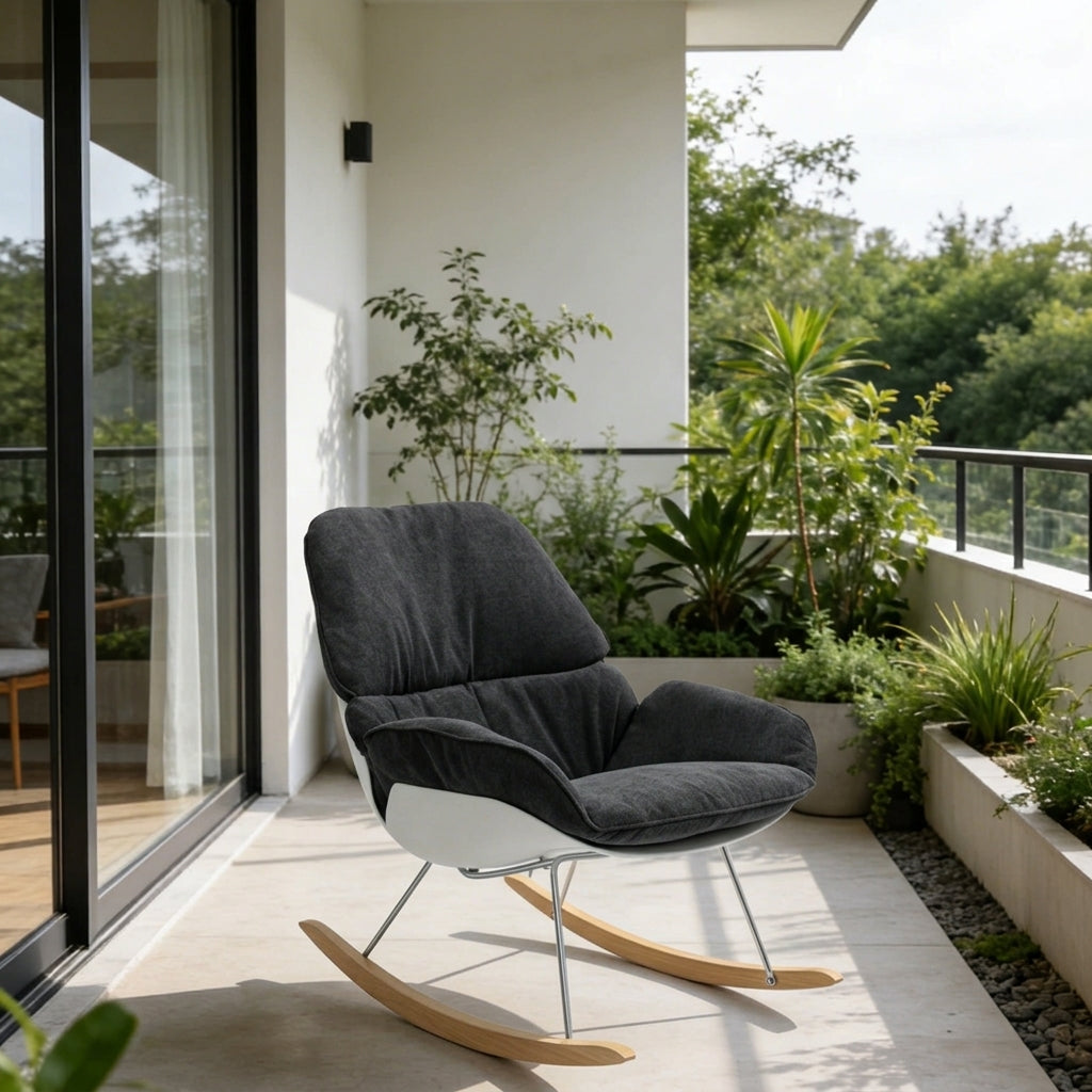 Contemporary Nordic Upholstered Rocking Chair - Ergonomic Steel PP Fabric Solid Wood Lounge Chair For Living Room, Bedroom &amp; Reading Nook