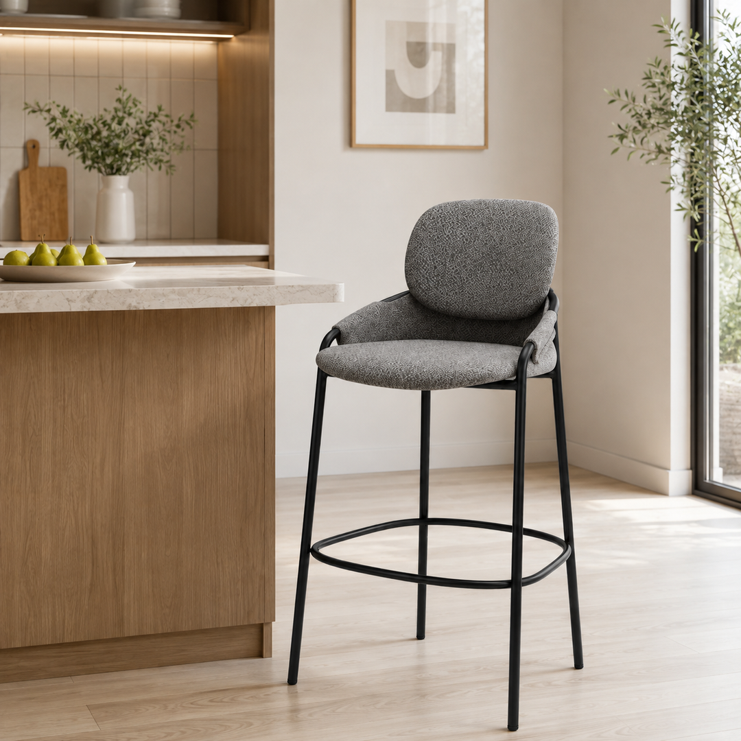 Contemporary Nordic Upholstered Bar Stool With PP Curved Back, Armrests &amp; Black Steel Legs - Modern Counter Chair For Kitchen Island