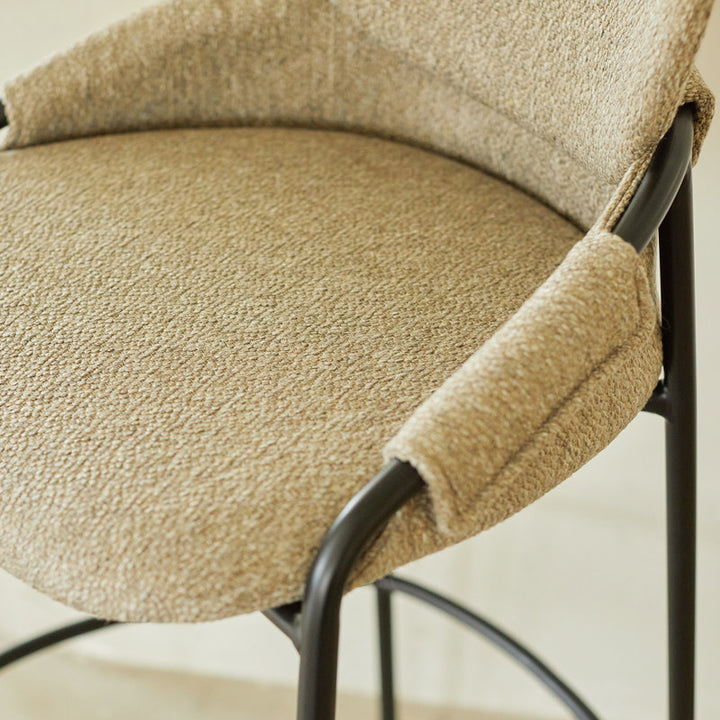 Contemporary Nordic Upholstered Bar Stool With PP Curved Back, Armrests &amp; Black Steel Legs - Modern Counter Chair For Kitchen Island