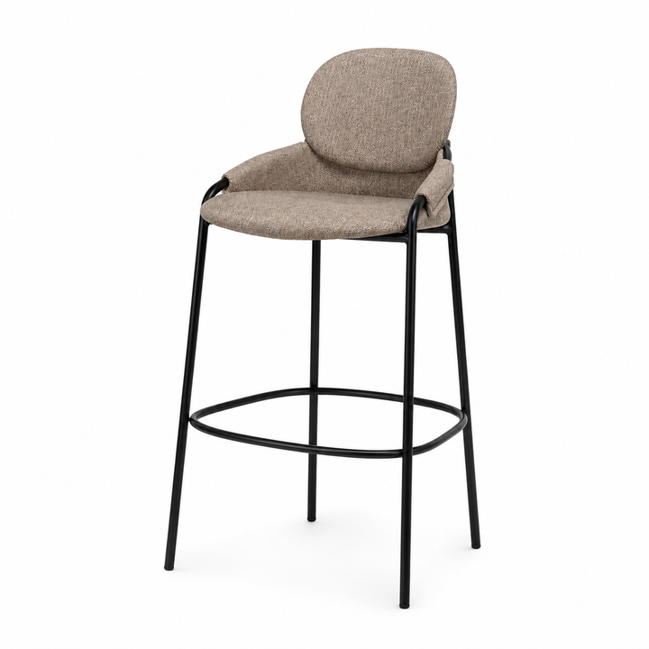 Contemporary Nordic Upholstered Bar Stool With PP Curved Back, Armrests &amp; Black Steel Legs - Modern Counter Chair For Kitchen Island