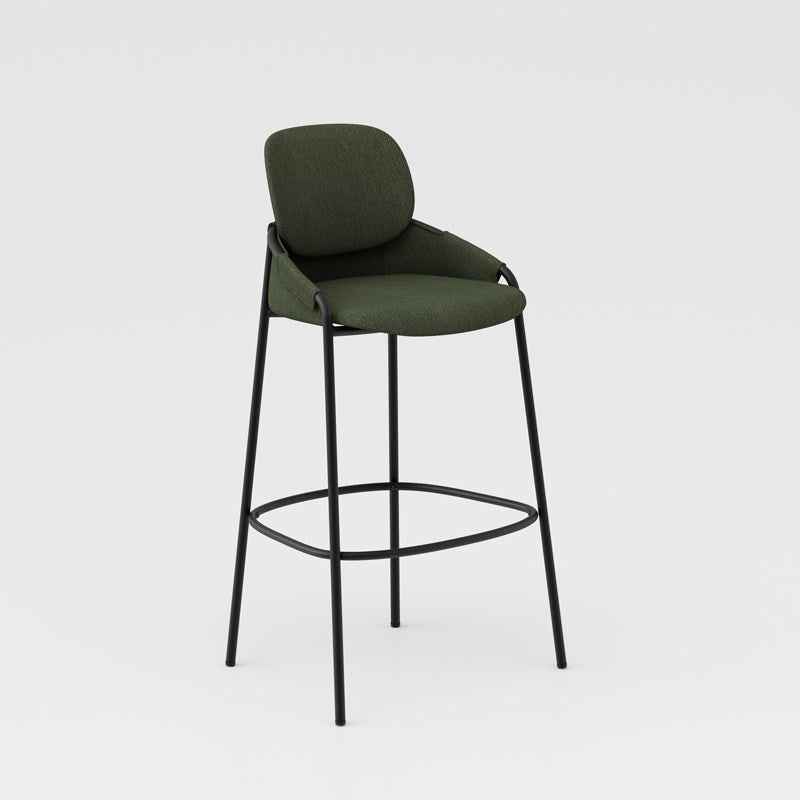 Contemporary Nordic Upholstered Bar Stool With PP Curved Back, Armrests &amp; Black Steel Legs - Modern Counter Chair For Kitchen Island