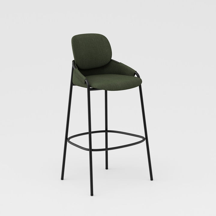Contemporary Nordic Upholstered Bar Stool With PP Curved Back, Armrests &amp; Black Steel Legs - Modern Counter Chair For Kitchen Island