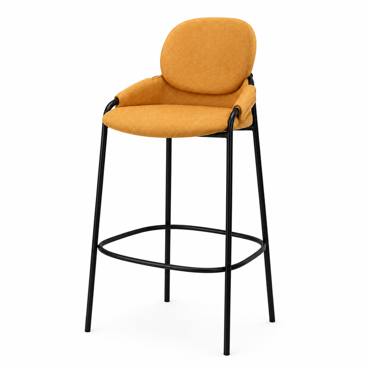Contemporary Nordic Upholstered Bar Stool With PP Curved Back, Armrests &amp; Black Steel Legs - Modern Counter Chair For Kitchen Island