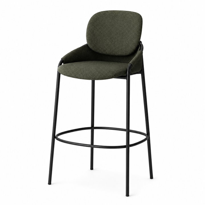 Contemporary Nordic Upholstered Bar Stool With PP Curved Back, Armrests &amp; Black Steel Legs - Modern Counter Chair For Kitchen Island