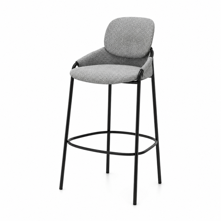 Contemporary Nordic Upholstered Bar Stool With PP Curved Back, Armrests &amp; Black Steel Legs - Modern Counter Chair For Kitchen Island