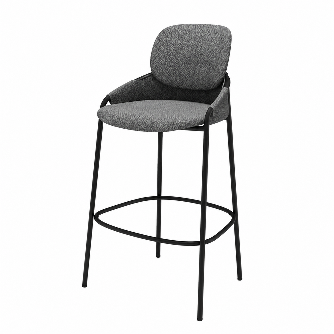 Contemporary Nordic Upholstered Bar Stool With PP Curved Back, Armrests &amp; Black Steel Legs - Modern Counter Chair For Kitchen Island