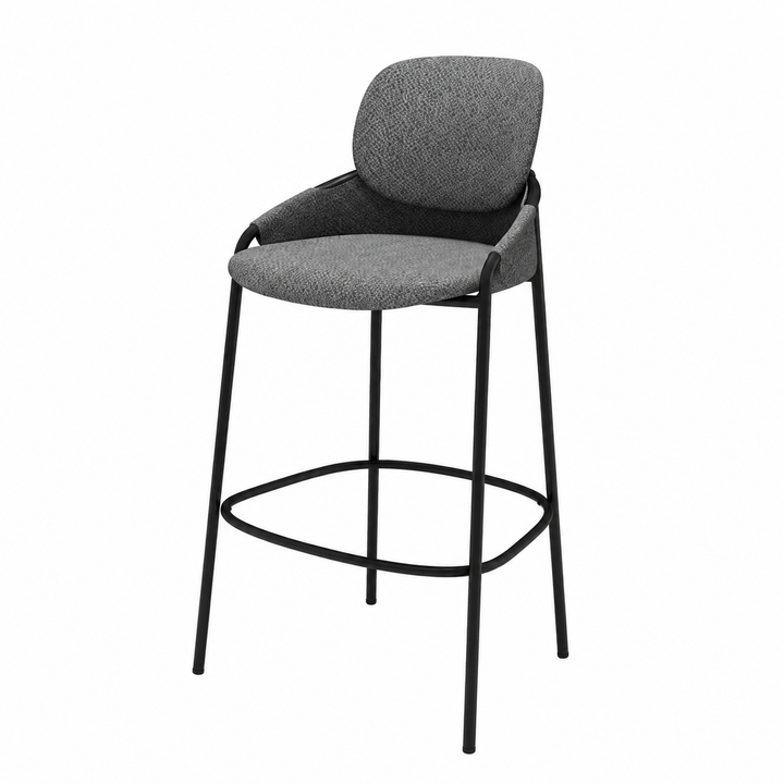 Contemporary Nordic Upholstered Bar Stool With PP Curved Back, Armrests &amp; Black Steel Legs - Modern Counter Chair For Kitchen Island