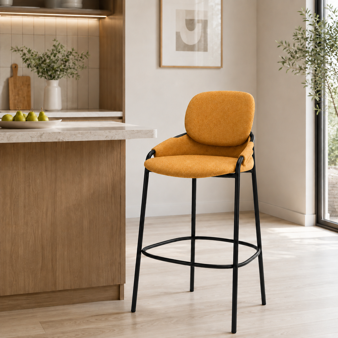 Contemporary Nordic Upholstered Bar Stool With PP Curved Back, Armrests &amp; Black Steel Legs - Modern Counter Chair For Kitchen Island