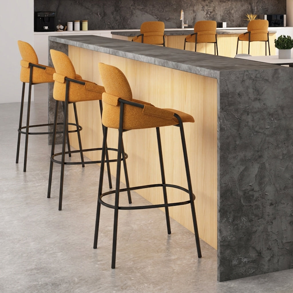 Contemporary Nordic Upholstered Bar Stool With PP Curved Back, Armrests &amp; Black Steel Legs - Modern Counter Chair For Kitchen Island
