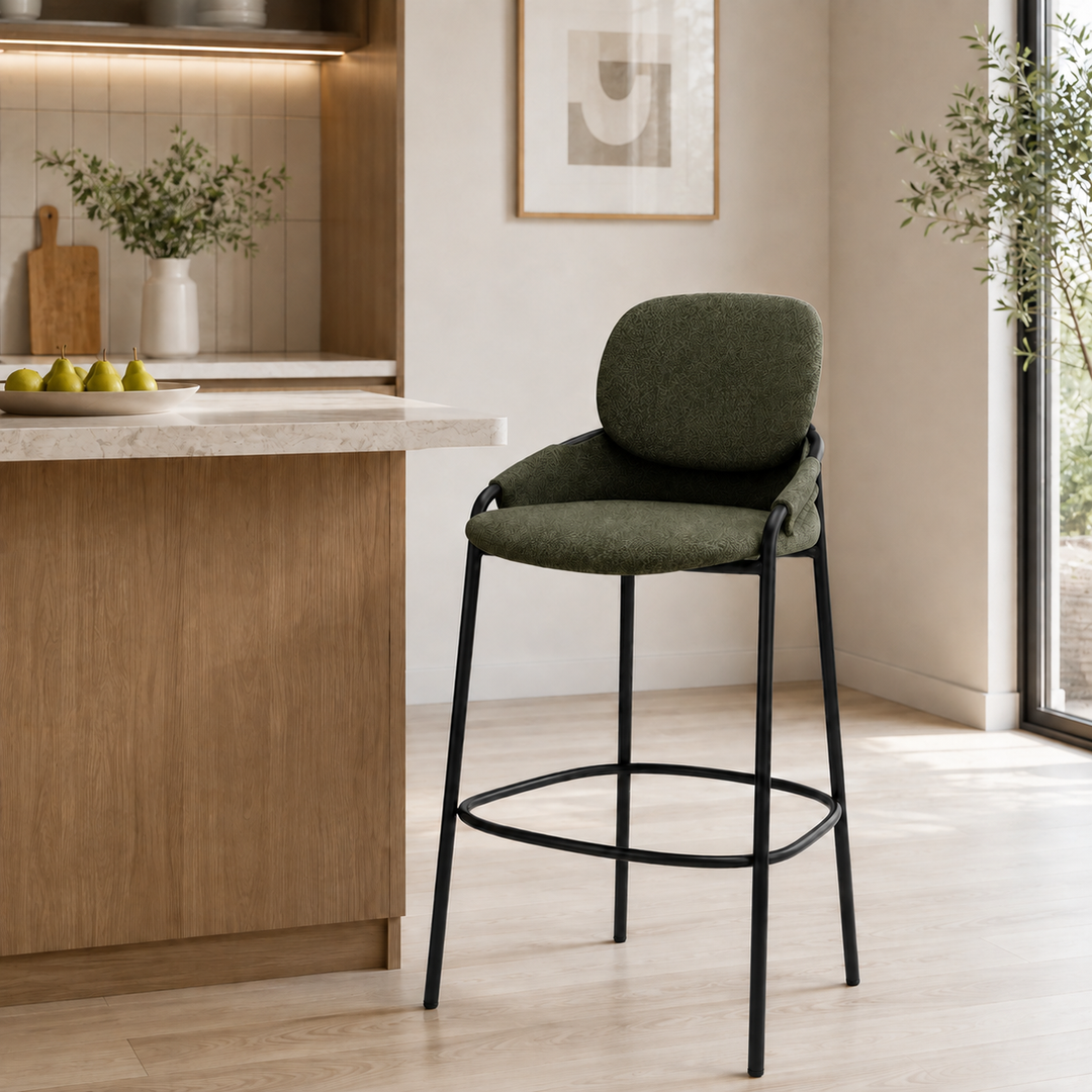 Contemporary Nordic Upholstered Bar Stool With PP Curved Back, Armrests &amp; Black Steel Legs - Modern Counter Chair For Kitchen Island