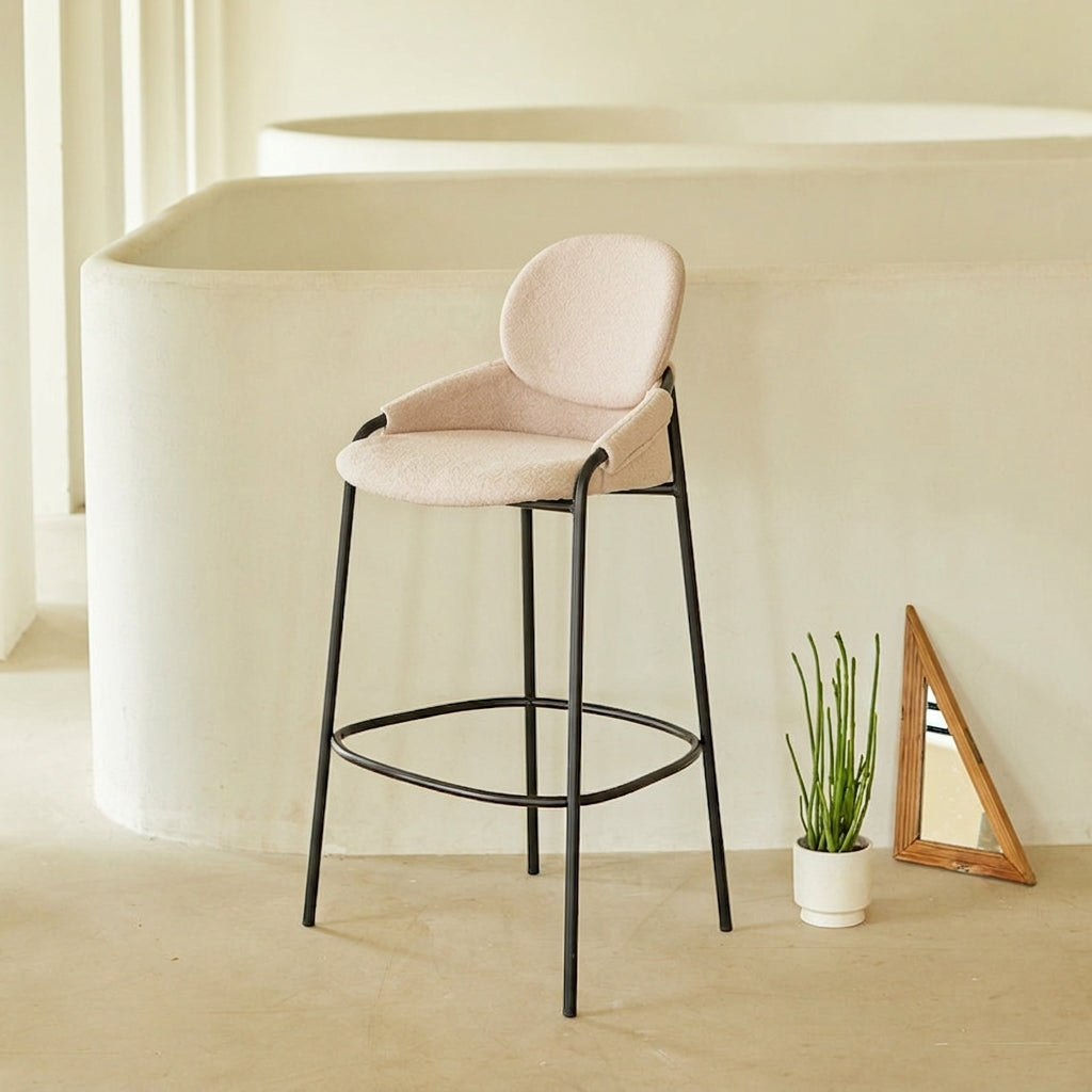 Contemporary Nordic Upholstered Bar Stool With PP Curved Back, Armrests &amp; Black Steel Legs - Modern Counter Chair For Kitchen Island
