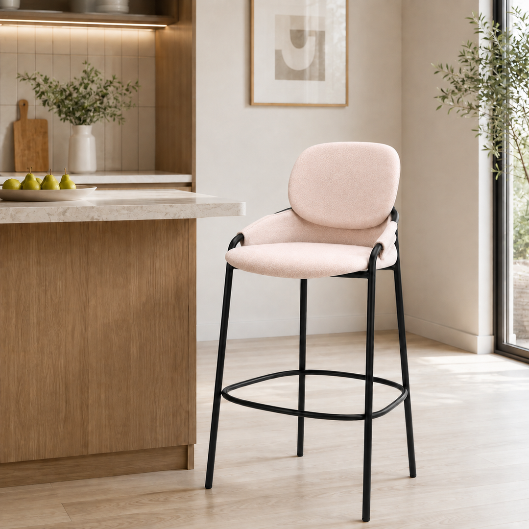 Contemporary Nordic Upholstered Bar Stool With PP Curved Back, Armrests &amp; Black Steel Legs - Modern Counter Chair For Kitchen Island