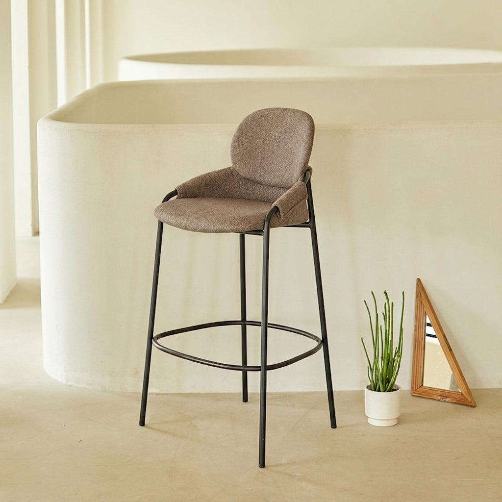 Contemporary Nordic Upholstered Bar Stool With PP Curved Back, Armrests &amp; Black Steel Legs - Modern Counter Chair For Kitchen Island