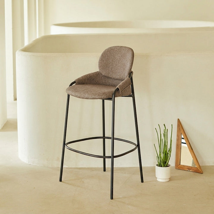 Contemporary Nordic Upholstered Bar Stool With PP Curved Back, Armrests &amp; Black Steel Legs - Modern Counter Chair For Kitchen Island