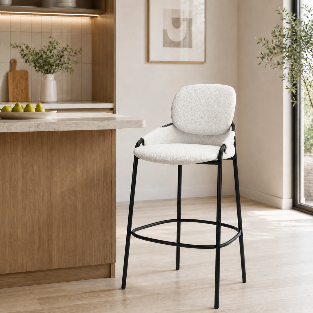 Contemporary Nordic Upholstered Bar Stool With PP Curved Back, Armrests &amp; Black Steel Legs - Modern Counter Chair For Kitchen Island