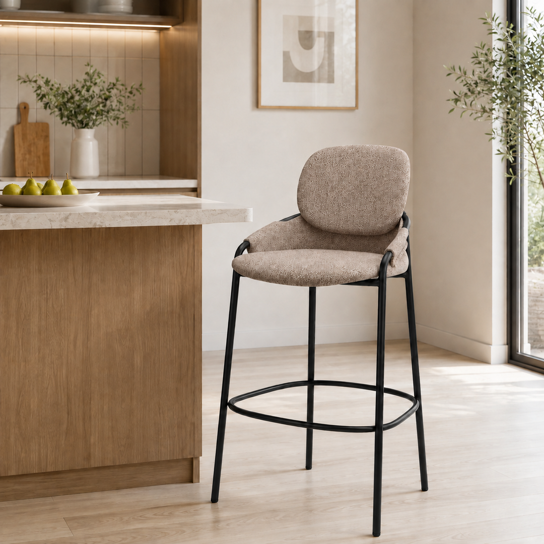 Contemporary Nordic Upholstered Bar Stool With PP Curved Back, Armrests &amp; Black Steel Legs - Modern Counter Chair For Kitchen Island