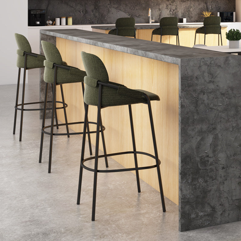 Contemporary Nordic Upholstered Bar Stool With PP Curved Back, Armrests &amp; Black Steel Legs - Modern Counter Chair For Kitchen Island
