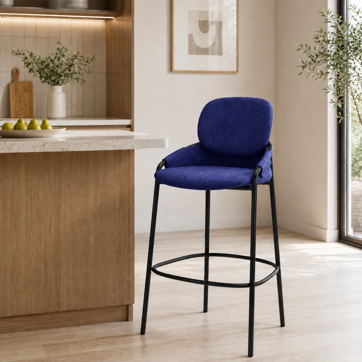 Contemporary Nordic Upholstered Bar Stool With PP Curved Back, Armrests &amp; Black Steel Legs - Modern Counter Chair For Kitchen Island