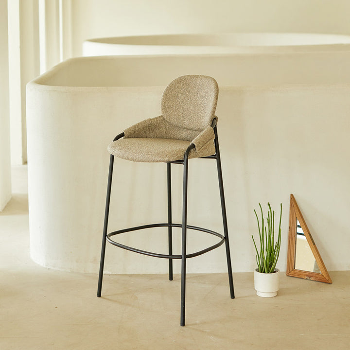 Contemporary Nordic Upholstered Bar Stool With PP Curved Back, Armrests &amp; Black Steel Legs - Modern Counter Chair For Kitchen Island