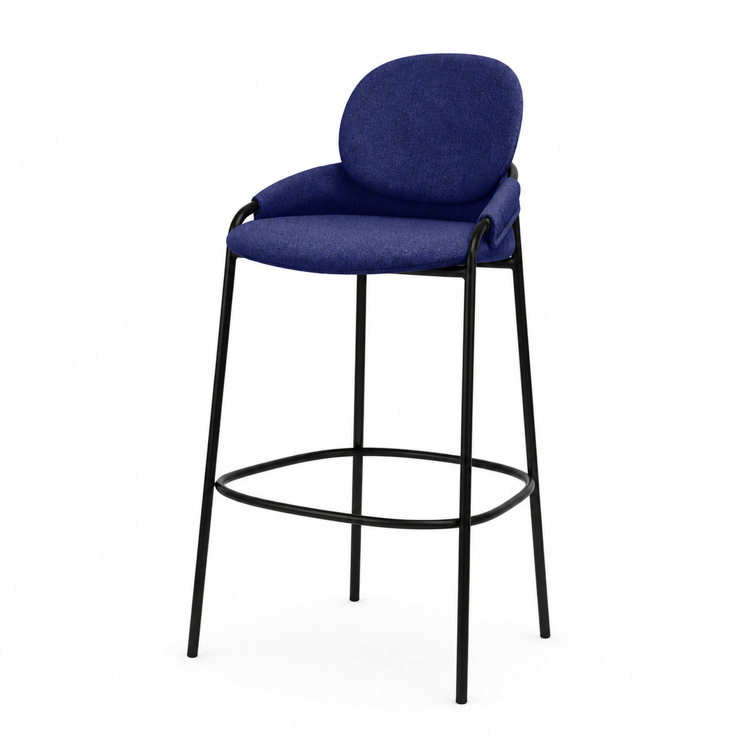 Contemporary Nordic Upholstered Bar Stool With PP Curved Back, Armrests &amp; Black Steel Legs - Modern Counter Chair For Kitchen Island