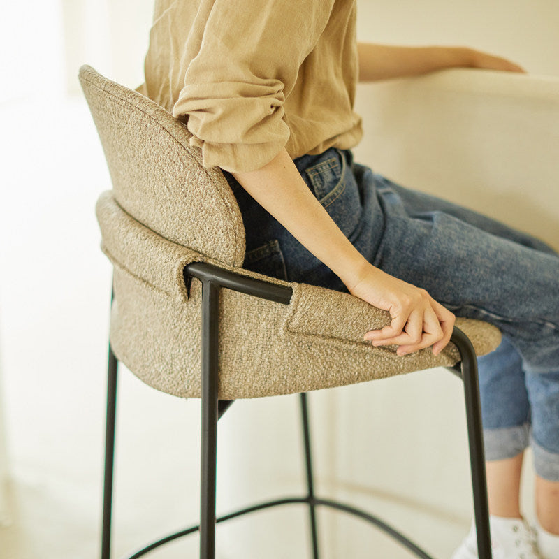 Contemporary Nordic Upholstered Bar Stool With PP Curved Back, Armrests &amp; Black Steel Legs - Modern Counter Chair For Kitchen Island