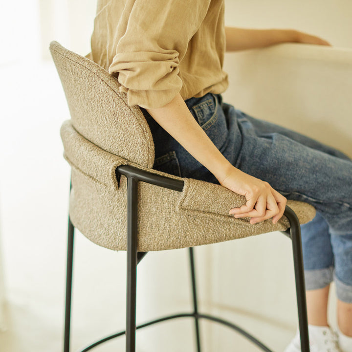 Contemporary Nordic Upholstered Bar Stool With PP Curved Back, Armrests &amp; Black Steel Legs - Modern Counter Chair For Kitchen Island
