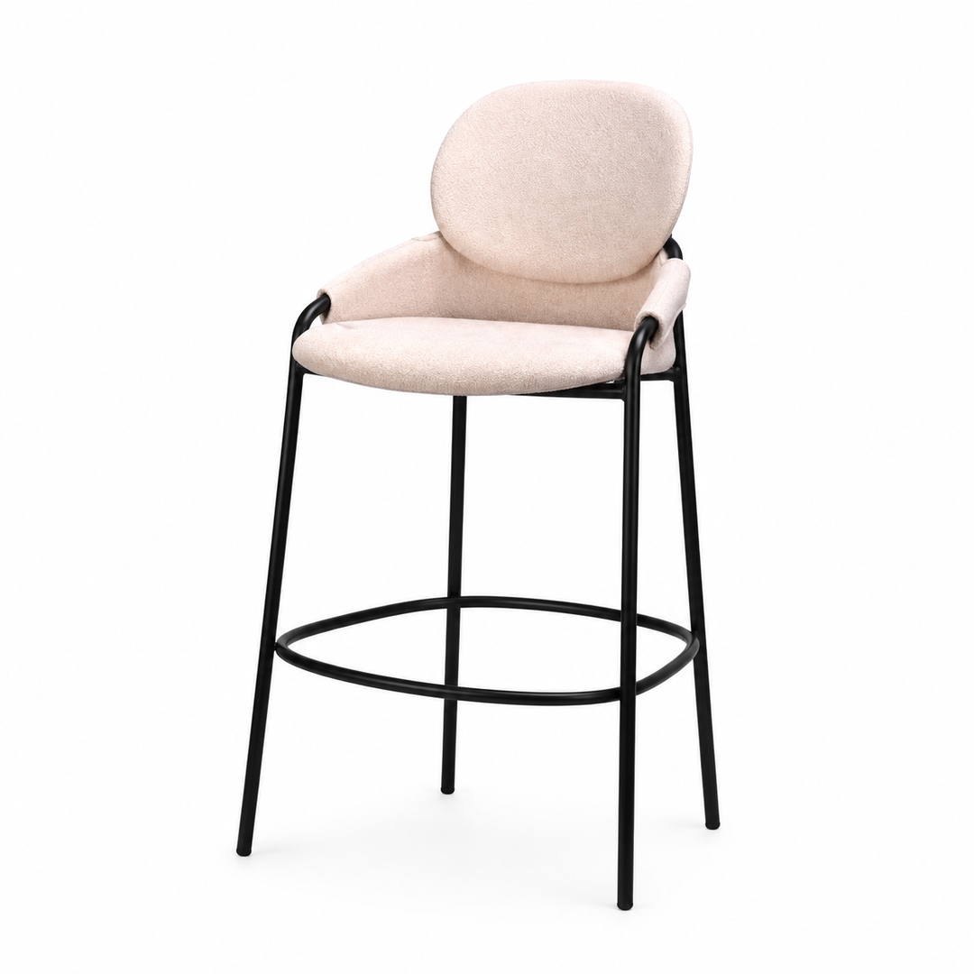 Contemporary Nordic Upholstered Bar Stool With PP Curved Back, Armrests &amp; Black Steel Legs - Modern Counter Chair For Kitchen Island