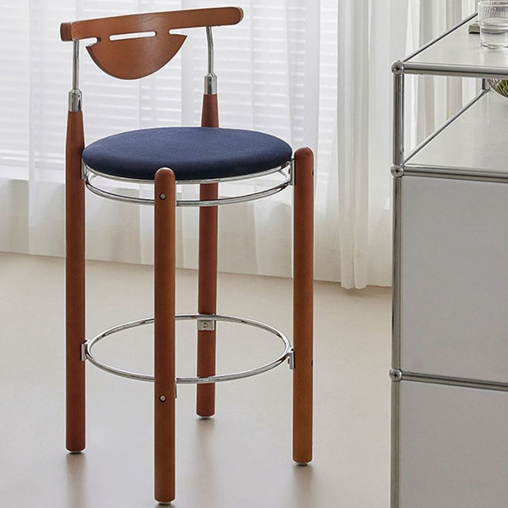 Modern Minimalist Round Solid Wood Plywood Wrought Iron Bar Stool With Backrest Footrest - Beech Wood Legs, Upholstered Sponge Cushions For Dining Room &amp; Kitchen