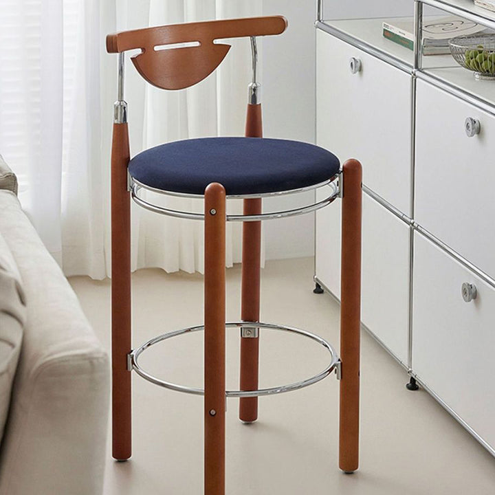 Modern Minimalist Round Solid Wood Plywood Wrought Iron Bar Stool With Backrest Footrest - Beech Wood Legs, Upholstered Sponge Cushions For Dining Room &amp; Kitchen