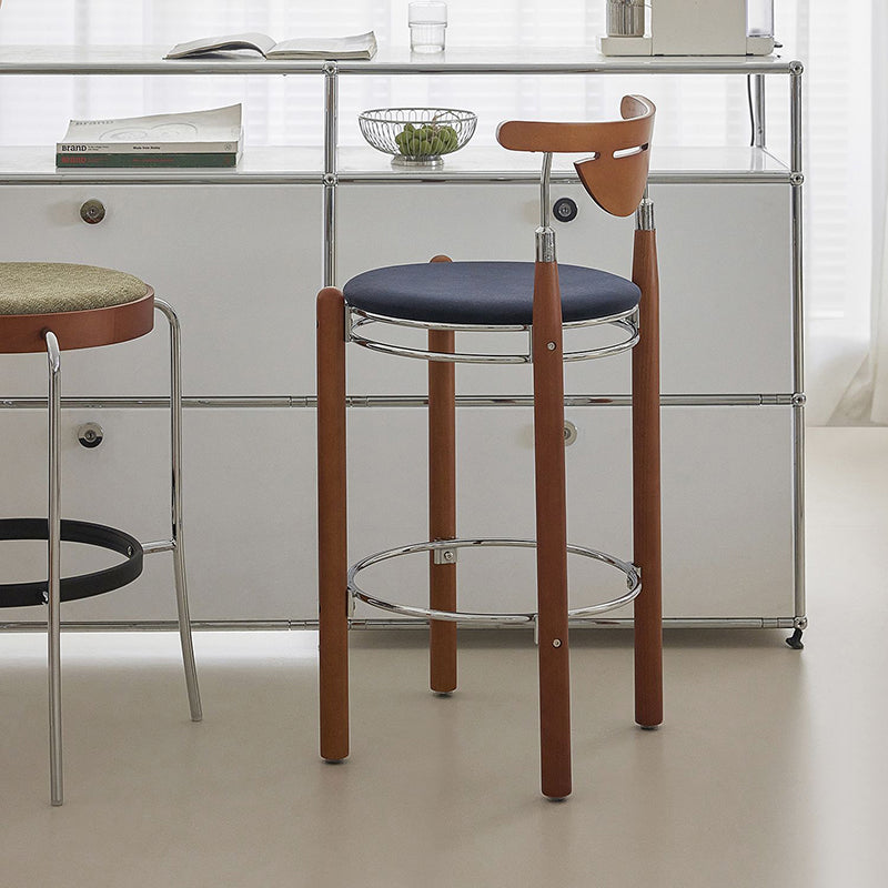 Modern Minimalist Round Solid Wood Plywood Wrought Iron Bar Stool With Backrest Footrest - Beech Wood Legs, Upholstered Sponge Cushions For Dining Room &amp; Kitchen