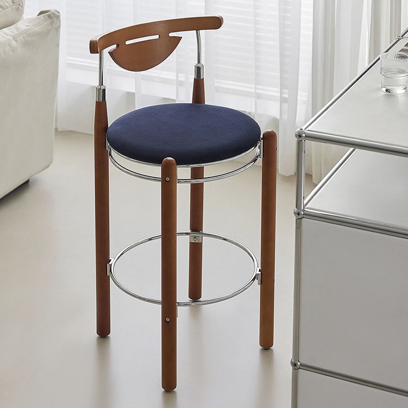 Modern Minimalist Round Solid Wood Plywood Wrought Iron Bar Stool With Backrest Footrest - Beech Wood Legs, Upholstered Sponge Cushions For Dining Room &amp; Kitchen