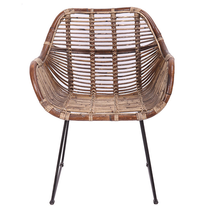 Chaise longue contemporaine nordique tissée à la main en rotin naturel - Chaise d’appoint avec dossier ergonomique et base en fer pour une utilisation intérieure et extérieure 