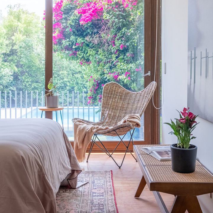 Zeitgenössischer skandinavischer handgewebter Rattan-Loungesessel - Akzentstuhl mit ergonomischer Rückenlehne &amp; Eisenbasis für Boutique-Innen- &amp; Außenbereiche 