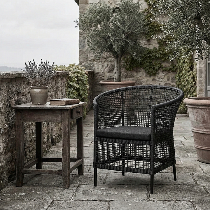 Chaise longue en rotin tressé à la main en bois massif pour balcon et patio - chaise d’appoint contemporaine nordique pour intérieur et extérieur avec coussin imperméable 