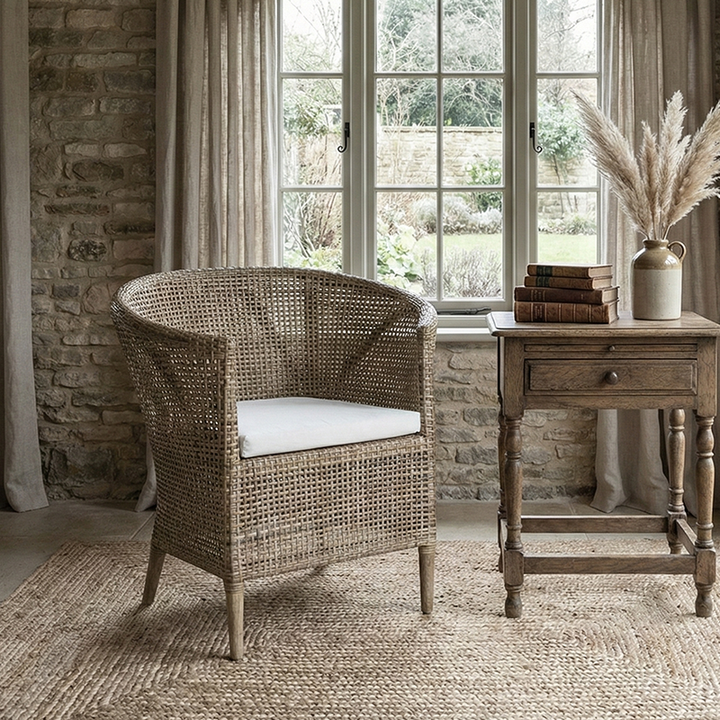 Chaise longue en rotin tressé à la main en bois massif pour balcon et patio - chaise d’appoint contemporaine nordique pour intérieur et extérieur avec coussin imperméable 