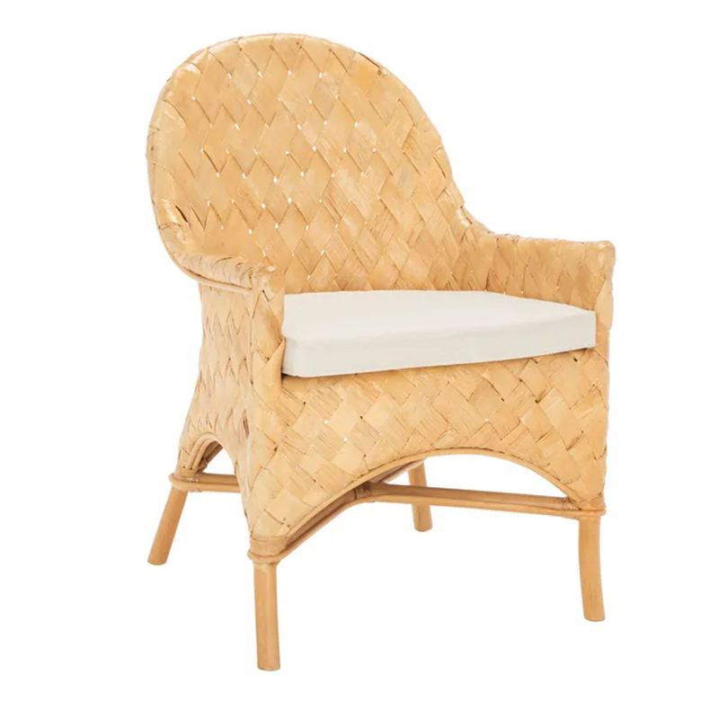 Handgefertigter Rattan-Loungesessel mit Armlehne - Zeitgenössischer nordischer Balkon- &amp; Terrassen- &amp; Wohnzimmer-Innen- und Außensessel mit wasserdichtem Kissen 