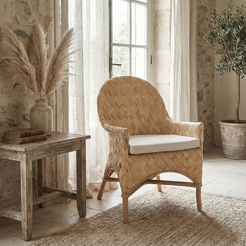 Handgefertigter Rattan-Loungesessel mit Armlehne
