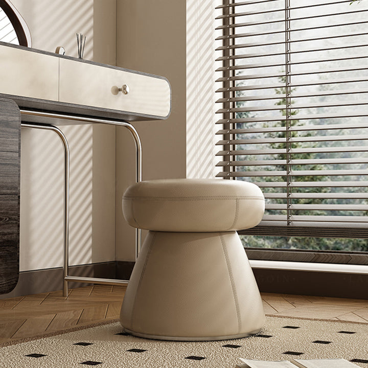 Modern Minimalist Solid Wood &amp; Plywood Microfiber Leather Mushroom-Shaped Round Vanity Stool With Swivel For Bedroom