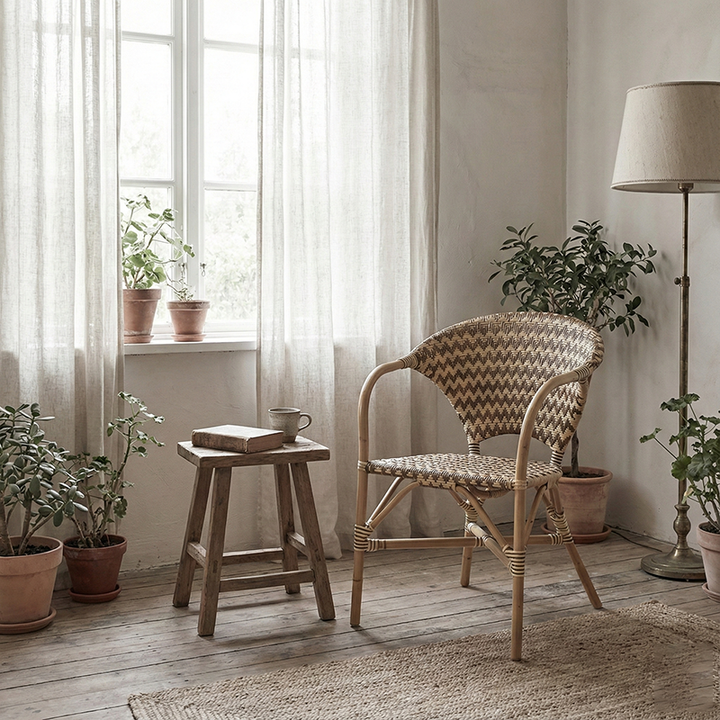 Chaise de salle à manger contemporaine en rotin naturel tressé nordique indonésien - Chaise de patio avec dossier large et accoudoirs pour salle à manger, patio et balcon 