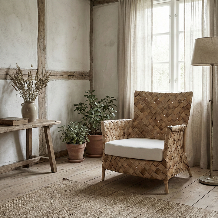 Chaise lounge artisanale nordique contemporaine en rotin naturel indonésien tressé - fauteuil avec texture épaisse tissée à la main pour salon 