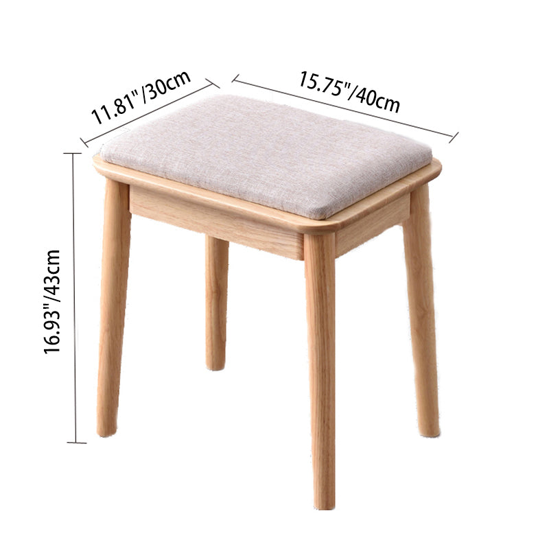 Modern Minimalist Rubberwood &amp; Cotton Linen Rectangular Vanity Stool With Upholstered Seat For Bedroom
