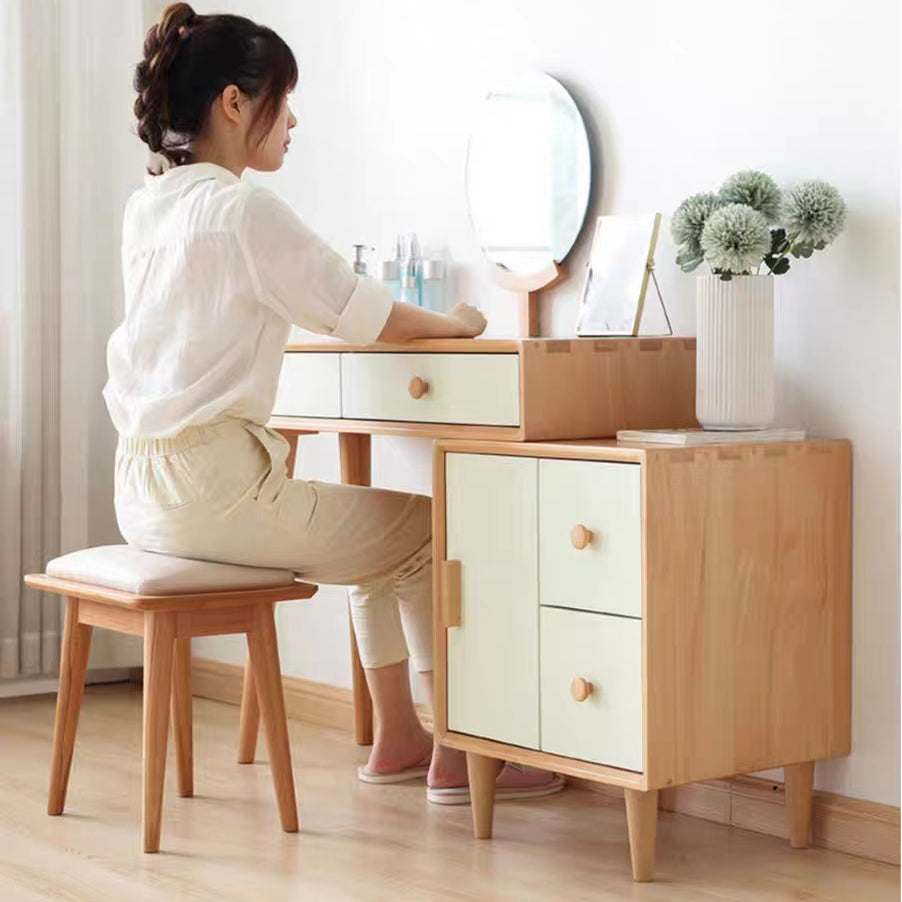 Modern Minimalist Rubberwood &amp; Cotton Linen Rectangular Vanity Stool With Upholstered Seat For Bedroom
