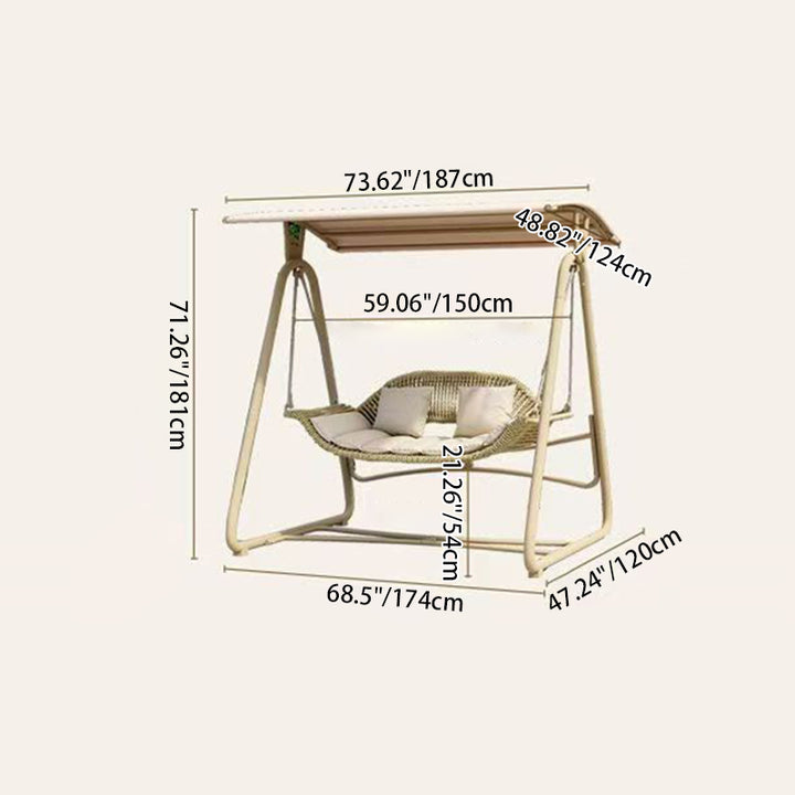 Chaise à bascule d'extérieur contemporaine en acier nordique et rotin PE pour 2 personnes avec coussins imperméables et auvent pour jardin et arrière-cour 