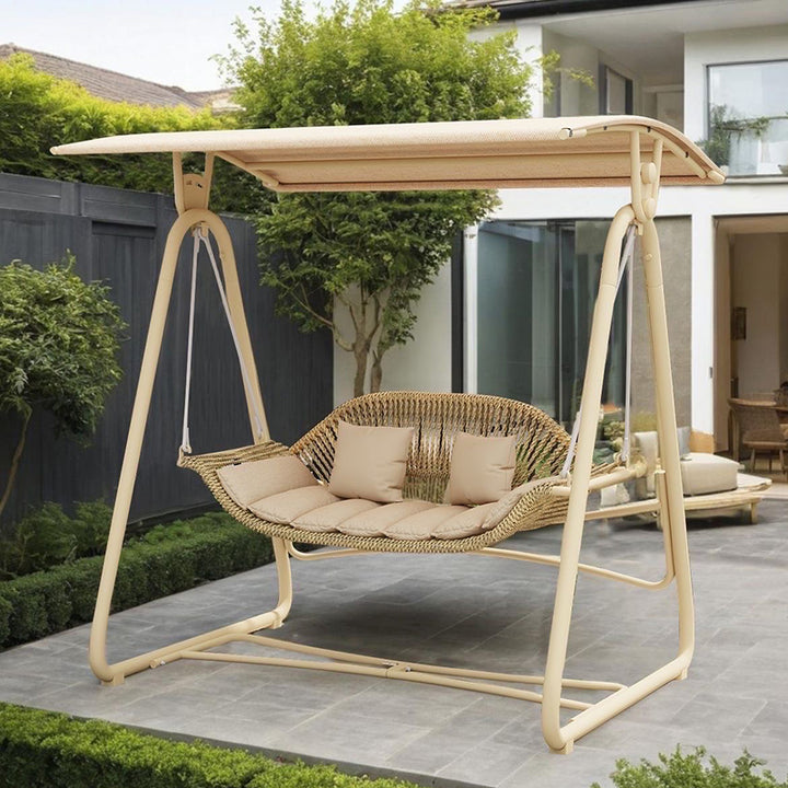 Chaise à bascule d'extérieur contemporaine en acier nordique et rotin PE pour 2 personnes avec coussins imperméables et auvent pour jardin et arrière-cour 
