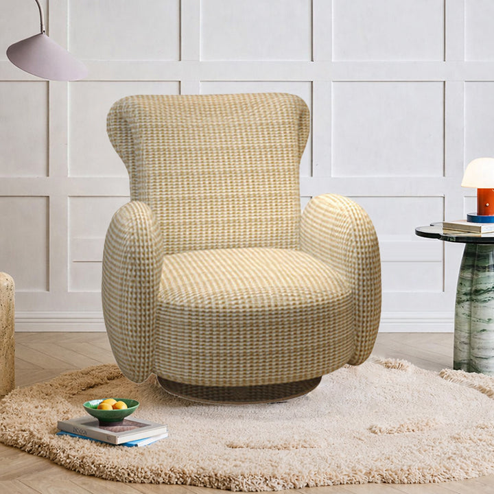 Chaise d'appoint rembourrée pivotante en acier inoxydable traditionnel vintage et chenille avec dossier et accoudoirs, silhouette incurvée pour salon 