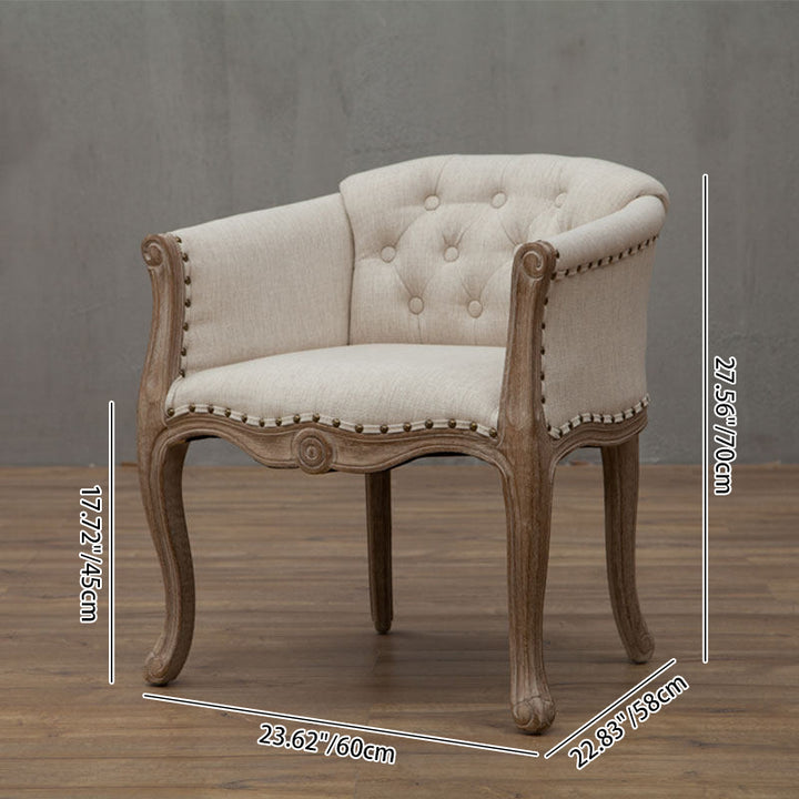 Silla de acento tradicional francesa de madera maciza y tela de lino tapizada con reposabrazos y respaldo para sala de estar 