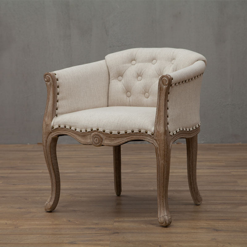 Silla de acento tradicional francesa de madera maciza y tela de lino tapizada con reposabrazos y respaldo para sala de estar 