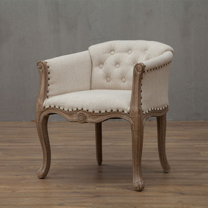 Silla de acento tradicional francesa de madera maciza y tela de lino tapizada con reposabrazos y respaldo para sala de estar 