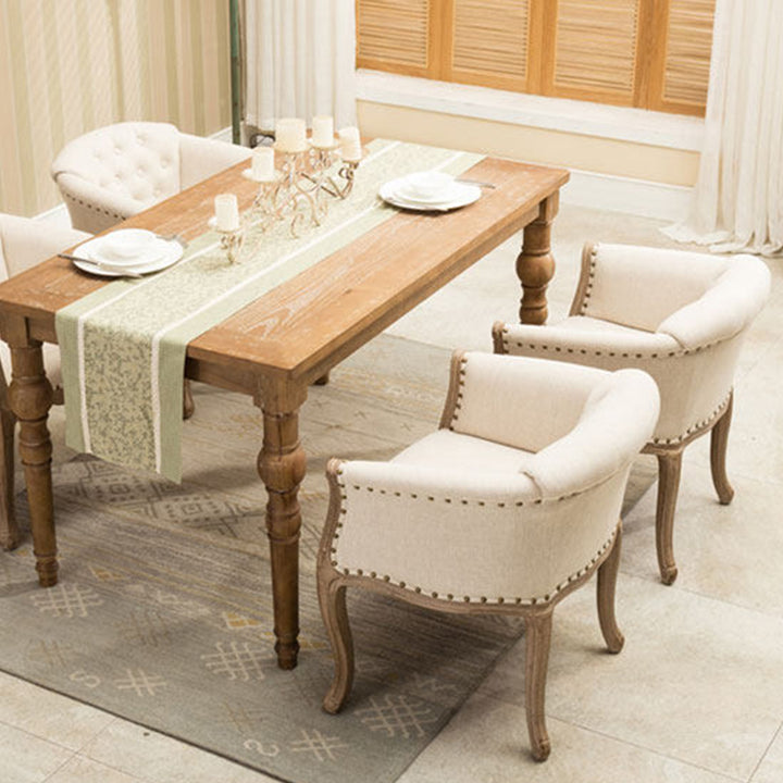 Silla de acento tradicional francesa de madera maciza y tela de lino tapizada con reposabrazos y respaldo para sala de estar 