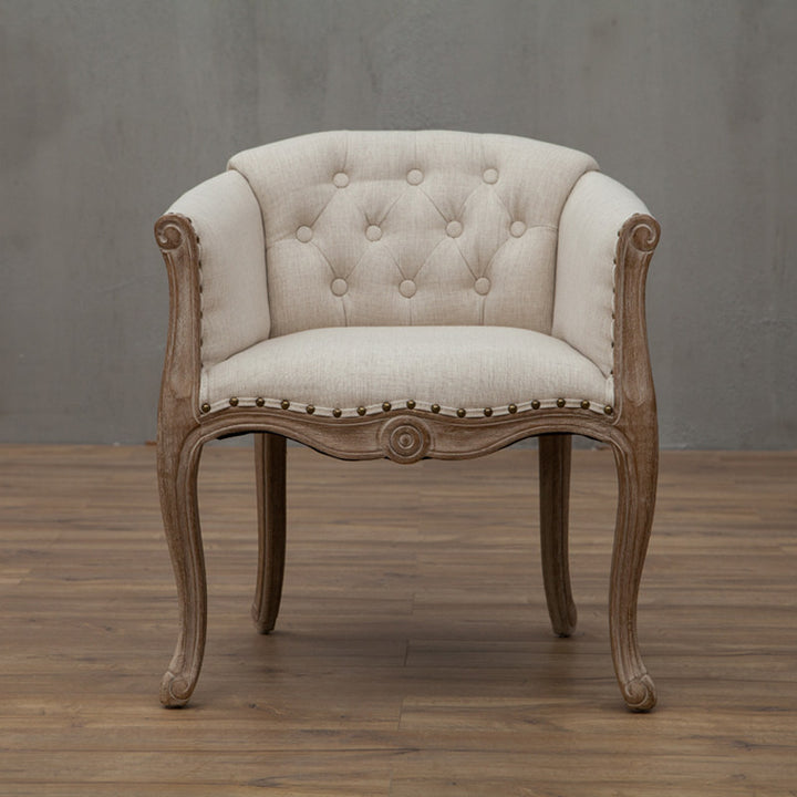 Silla de acento tradicional francesa de madera maciza y tela de lino tapizada con reposabrazos y respaldo para sala de estar 